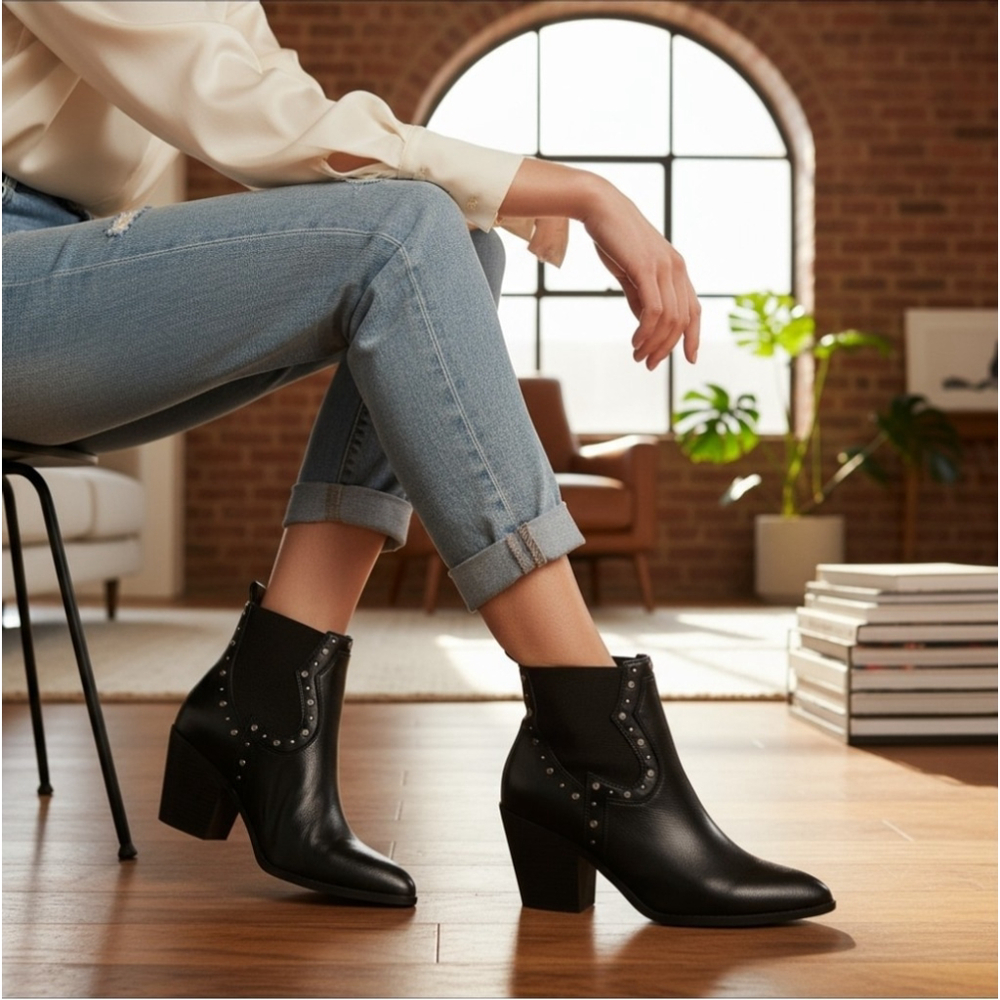 Sun + Stone Modern Studded Western Boots Booties SZ 9 M BLACK - Picture 2 of 16